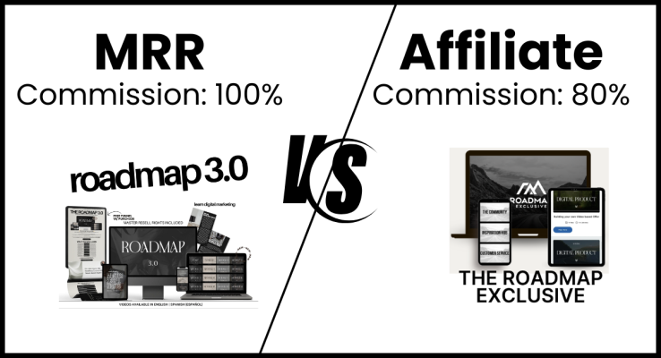 A comparison image showing �MRR: Commission 100%� on the left with �Roadmap 3.0� visuals and �Affiliate: Commission 80%� on the right with �The Roadmap Exclusive� visuals, separated by a bold �VS� in the center.