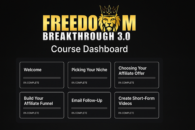 Dark-themed dashboard showing progress bars for modules like funnel building, niche selection, and email follow-up.