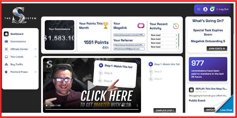 OLSP System dashboard showing $1,583 commissions, referral activity, leaderboard points, and a video tutorial.