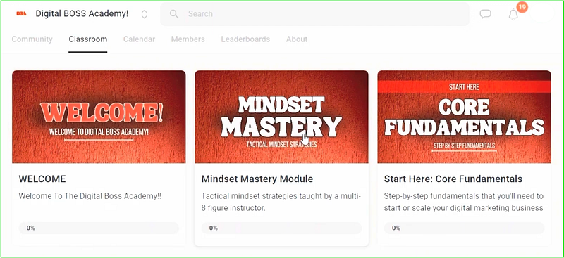 Skool classroom interface showing DBA training modules like Welcome, Mindset Mastery, and Core Fundamentals in red-themed cards.