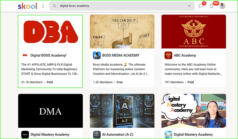 Skool search result showing various digital academies, with �Digital BOSS Academy!� highlighted showing 31.7k members.