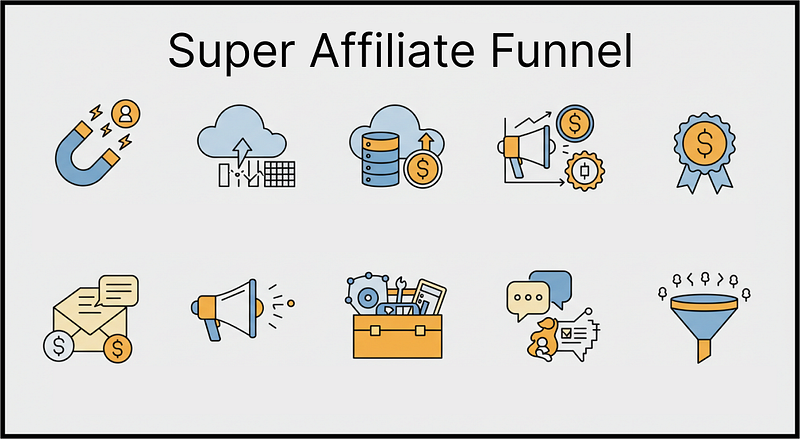 Icons depicting the stages of an affiliate marketing funnel, including lead generation, data processing, marketing, rewards, email promotion, and conversion.