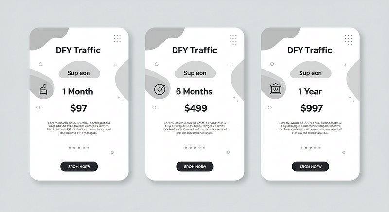 A pricing table with three subscription plans for �DFY Traffic� services, offering 1-month ($97), 6-months ($499), and 1-year ($997) options. Each plan includes an icon, a brief description, and a call-to-action button labeled �SROM NORW.�