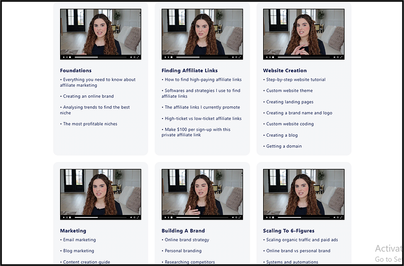 A visual layout of the Sara Finance course curriculum. Each module is displayed with a video thumbnail and a short list of lessons, covering foundations, affiliate links, website creation, marketing, branding, and scaling.