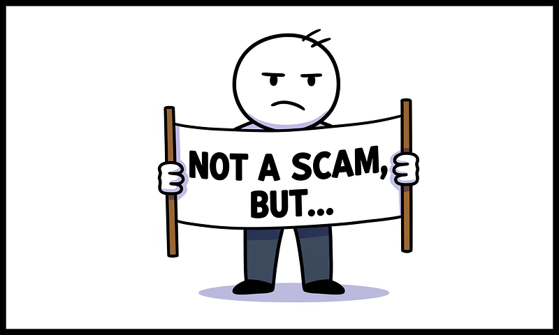 Simple cartoon of a figure holding a sign reading �NOT A SCAM, BUT��. The figure has a round head, neutral expression, and is standing against a white background, gripping two wooden poles that support the sign.