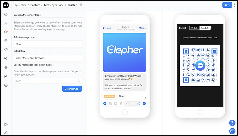 A screenshot of the Clepher platform�s Messenger Code creation tool, showing options to customize the code�s message and size, with a generated code displayed on a phone mockup.