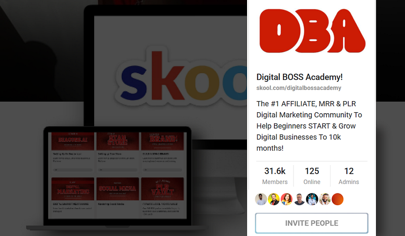 Popup preview of the Digital Boss Academy Skool community showing a laptop image and program details like member count and digital marketing focus.