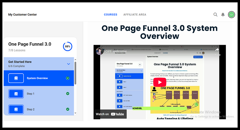 Dashboard for �One Page Funnel 3.0� course showing 88% completion, with �System Overview� lesson and video highlighted.
