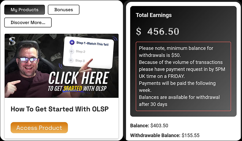 Dashboard showing a $456.50 balance with earnings breakdown and withdrawal details, alongside a product banner for �How To Get Started With OLSP.