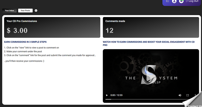 OLSP dashboard screen showing $3 earned through commenting, with instructions and a video explaining how it works.