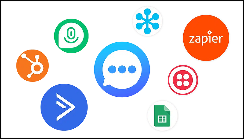A central chat bubble icon surrounded by logos of various integrated applications, including Zapier, against a white background.