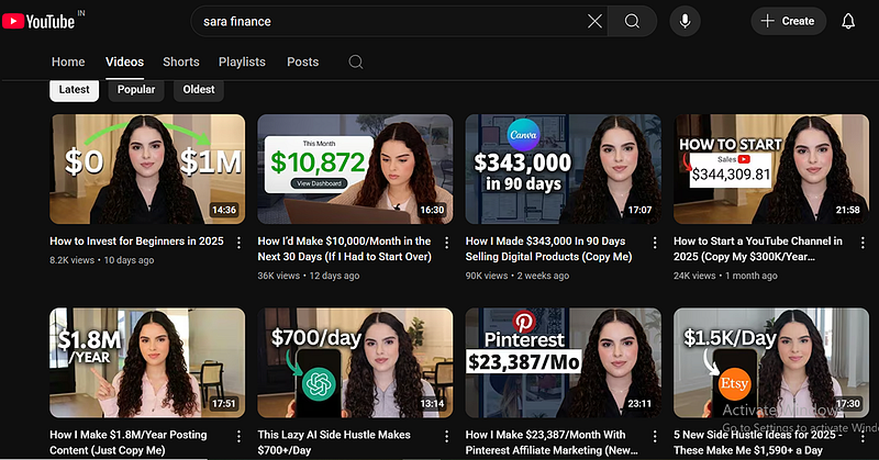 A YouTube search result showing various thumbnails of Sara Finance, each with high earnings claims like �$700/day,� �$343,000 in 90 days,� and �$1.8M/year,� suggesting success with affiliate and digital product marketing.