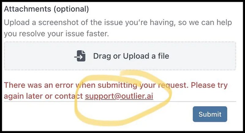 Web form with an error message in red text, highlighting a submission issue and providing a support email.