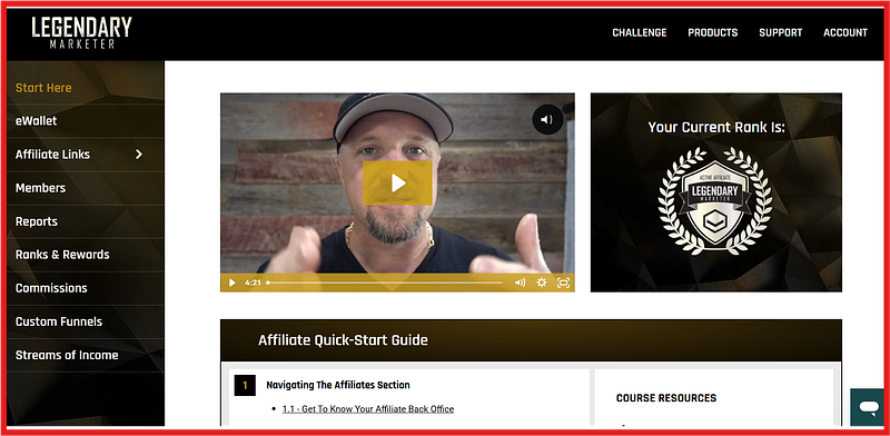 Dashboard showing a welcome video from David Sharpe and affiliate quick-start training with rank badge.