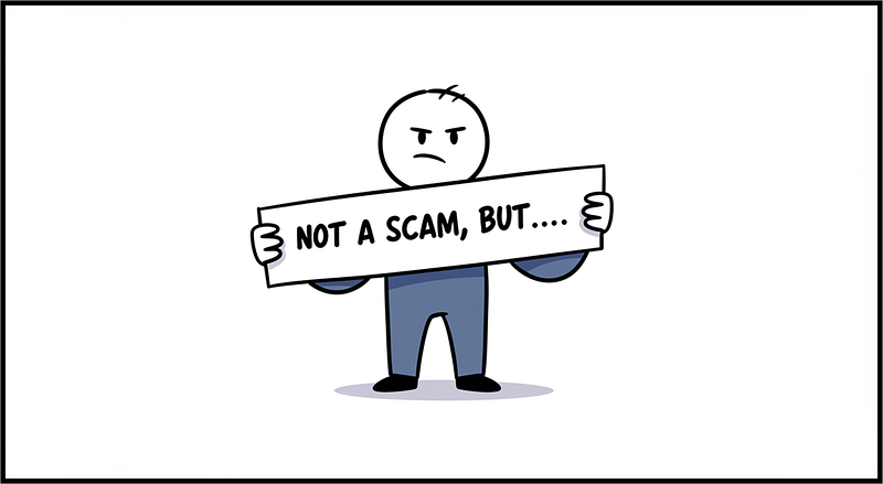 Cartoon figure in a blue outfit holding a sign that reads, �NOT A SCAM, BUT�.� suggesting there may be conditions or concerns to consider.