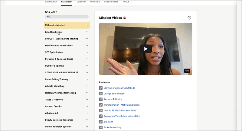 Inside view of DBA Volume 1�s Mindset section with a video lesson on Millionaire Mindset and a list of related resources.