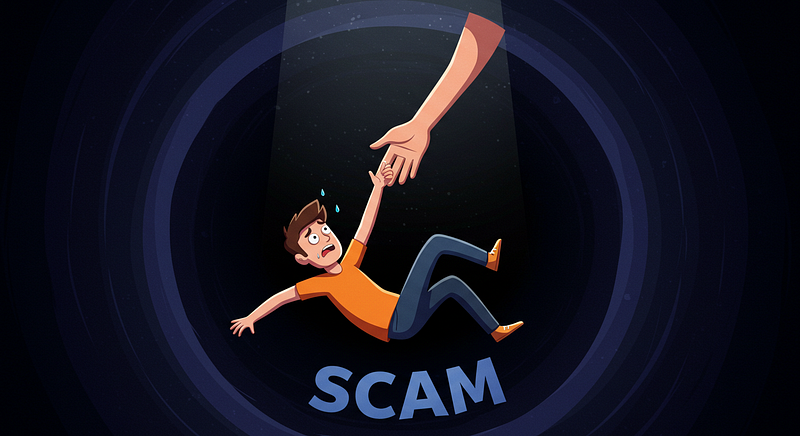 Cartoon of a person being saved from falling into a void labeled �SCAM� by a hand reaching from above.