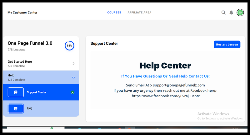 Dashboard showing 88% course completion for �One Page Funnel 3.0� with support contact details.