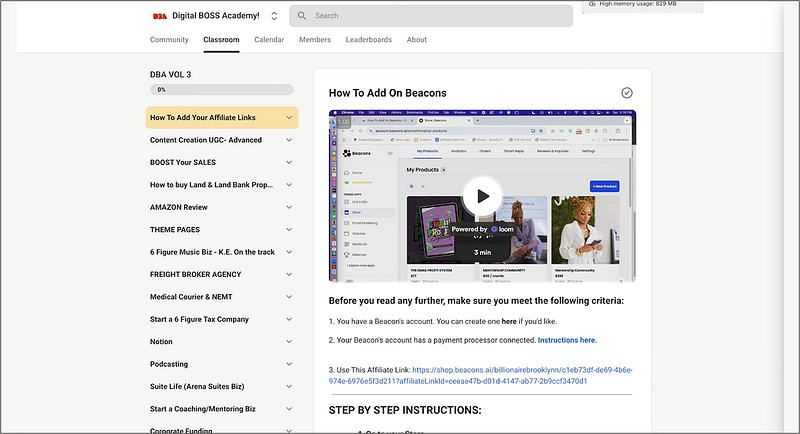 Inside view of DBA Volume 3 showing a training module on how to add affiliate links via Beacons with a step-by-step tutorial.