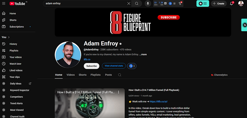 Adam Enfroy�s YouTube homepage featuring his 8-Figure Blueprint branding and channel stats.