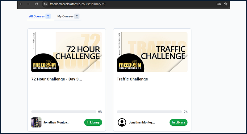 Freedom Accelerator library with two course tiles: 72-Hour Challenge and Traffic Challenge by Jonathan Montoya.