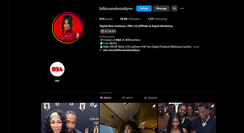Instagram profile of Billionaire Brooklynn, showing her as the creator of DBA with over 28.6k followers and 31k members in her Skool group.