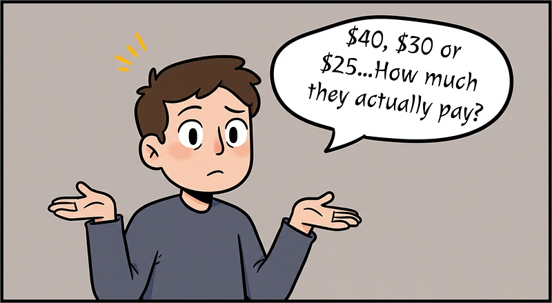 Cartoon illustration of a puzzled individual shrugging with a speech bubble saying: \�$40, $30, or $25�How much they actually pay?