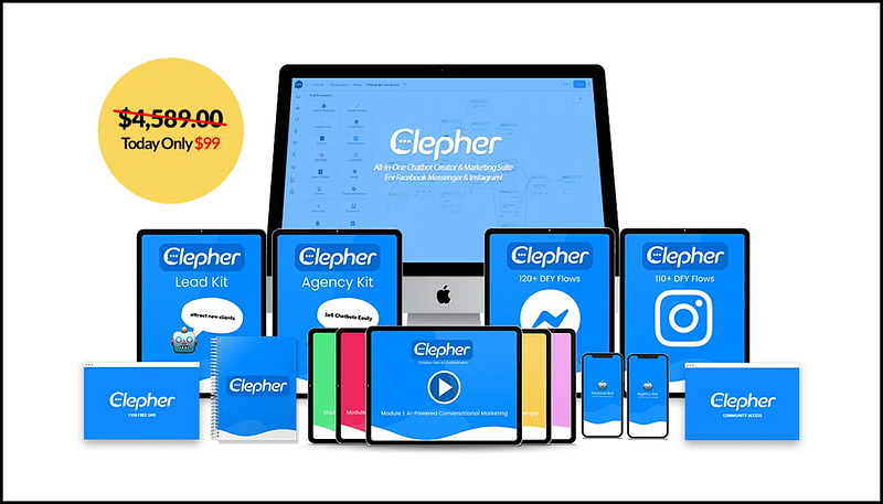 A collection of devices (laptop, tablets, phones) displaying the Elepher chatbot platform and marketing suite, alongside promotional text highlighting a discounted price.