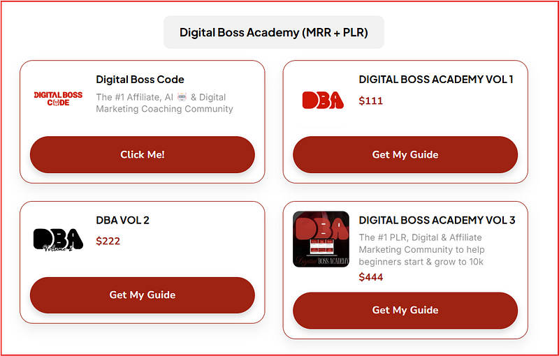A pricing section for Digital Boss Academy showing volumes 1, 2, and 3 with corresponding prices and CTA buttons.