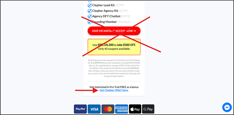 A screenshot of a Clepher sales page with overlaid red �X� marks and arrows, indicating a user�s rejection of a limited-time offer and selection of a �Clepher ONLY� option.