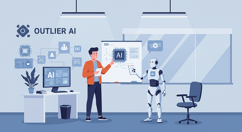 Office scene showing a person and a robot collaborating on AI-related tasks, with diagrams, charts, and the text �Outlier AI� in the background.