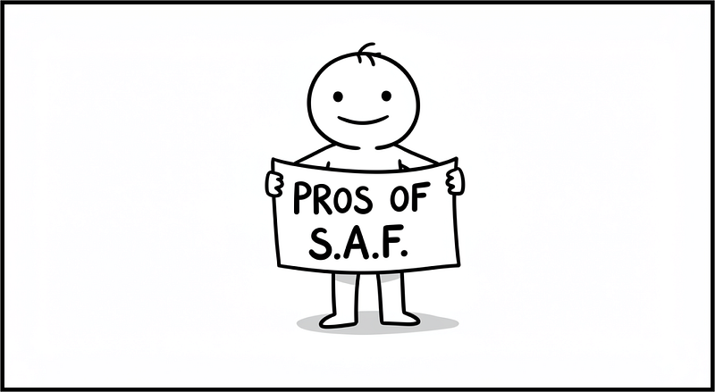 Cartoon figure holding a sign that reads �PROS OF S.A.F.� with a smile and a light shadow underneath.