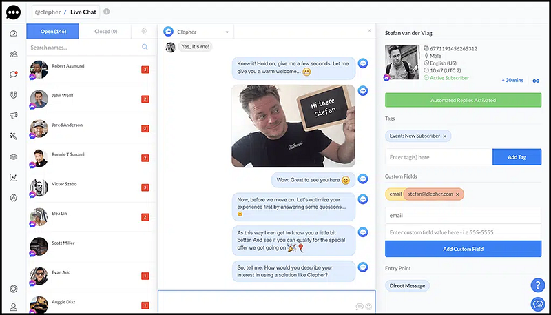 A live chat interface within the Clepher platform, showing a conversation with a user and options for managing user data like tags and custom fields.
