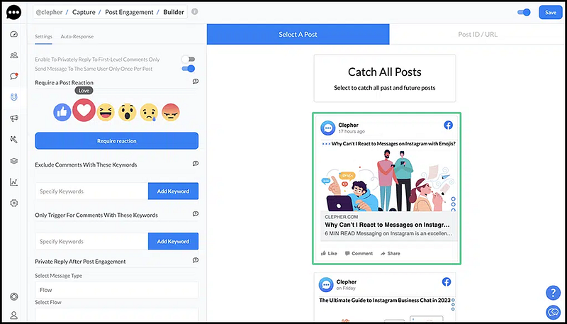 A screenshot of the Clepher platform�s �Post Engagement� automation setup, showing options to define triggers and actions based on user interactions with a selected Facebook post.