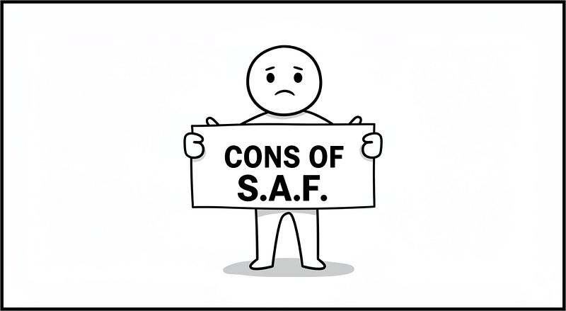 Black and white drawing of a figure holding a sign with the text �CONS OF S.A.F.� in bold capital letters.