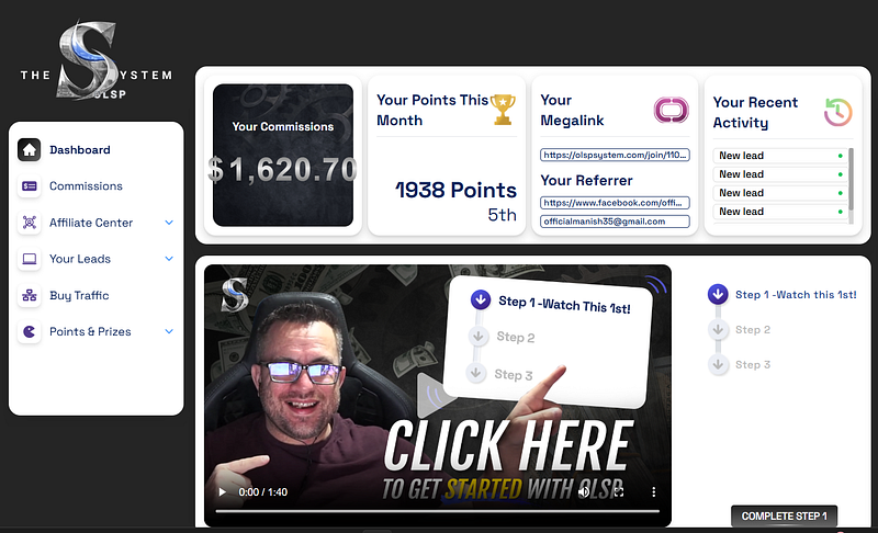 Dashboard view of the OLSP system showing commissions, points earned, referral links, and a welcome video section.