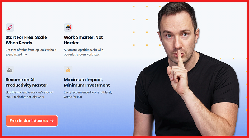 Man holding finger to lips beside landing page headlines about AI productivity tools and marketing benefits.
