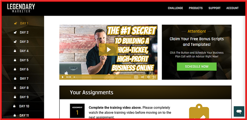 Legendary Marketer 5-Day Challenge dashboard showing daily training video and course assignments.