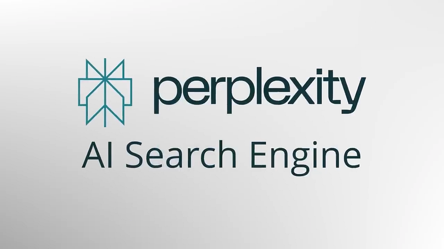 The Perplexity logo, featuring a teal, geometric, star-like icon to the left of the word "perplexity" in black text. Below it, the text "AI Search Engine" is centered. The background is a plain light gray.