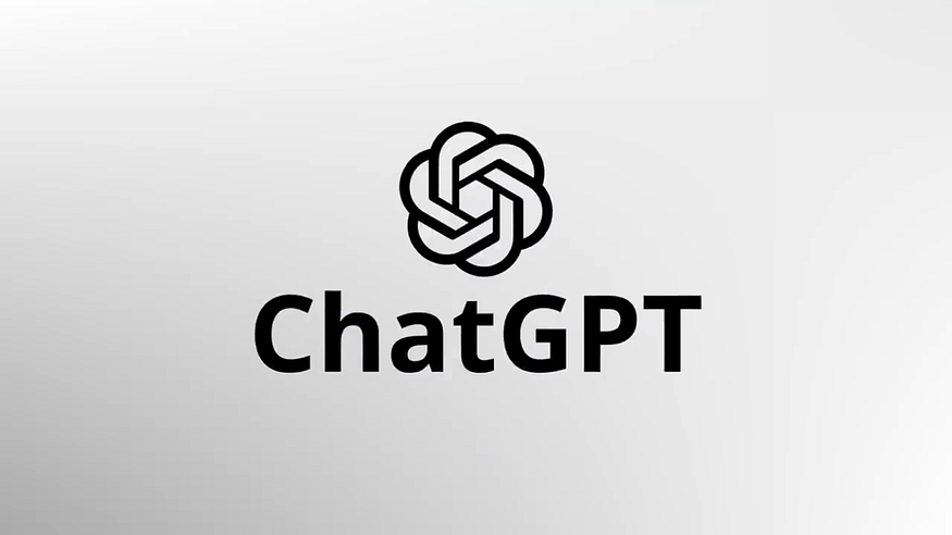 The ChatGPT logo, a black, intricate, swirling knot-like symbol, positioned above the word "ChatGPT" in black text. The background is a plain light gray.