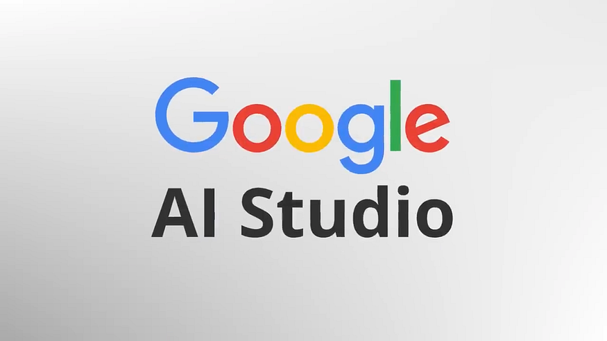 The Google AI Studio logo, with the colorful "Google" logo (blue, red, yellow, green) above the words "AI Studio" in black text, all centered on a light gray background.
