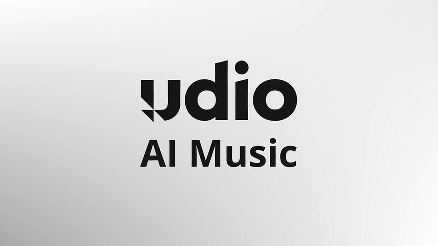 The Udio logo, which features the word "udio" in black, stylized font with a geometric "U" shape that has a cutout. Below it, the text "AI Music" is centered. The background is a plain light gray.